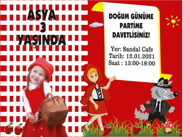 Kırmızı Başlıklı Kız Temalı Kişiye Özel Davetiye 6 Adet