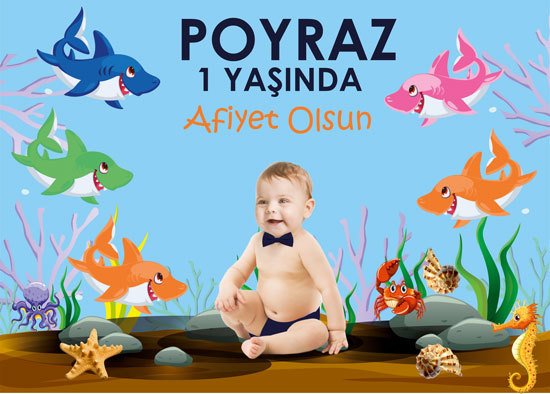 Sevimli Köpek Balığı Temalı Kişiye Özel Amerikan Servisi 6 Adet