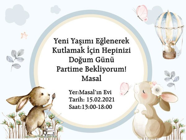 Tavşan Temalı Kişiye Özel Davetiye 6 Adet