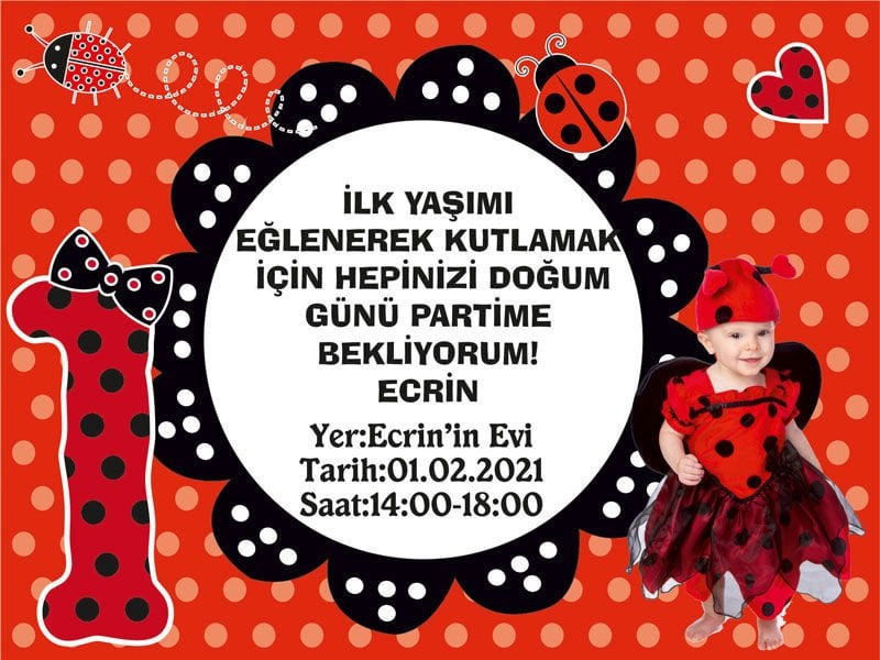 Uğur Böceği 2 Temalı Kişiye Özel Davetiye 6 Adet