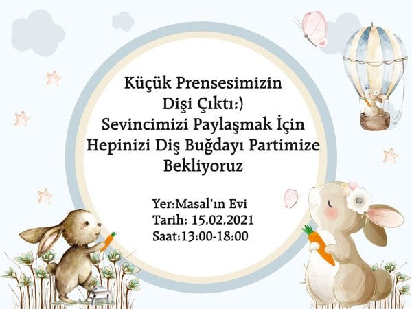 Tavşan Temalı Diş Buğdayı Kız Kişiye Özel Davetiye 6 Adet