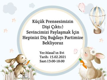 Tavşan Temalı Diş Buğdayı Kız Kişiye Özel Davetiye 6 Adet