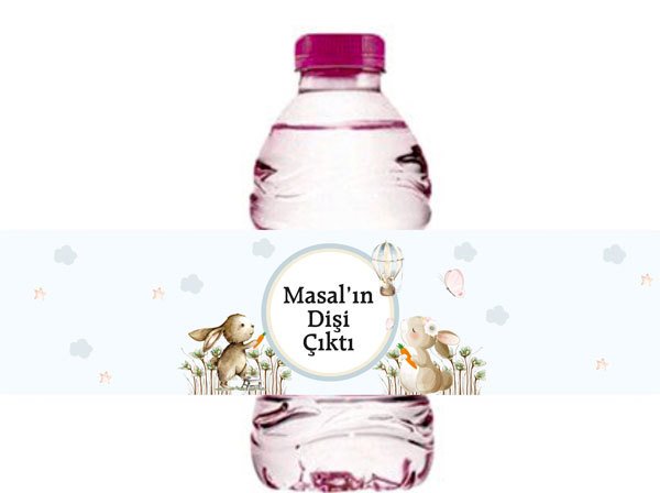 Tavşan Temalı Diş Buğdayı Kız Kişiye Özel Su Şişesi Sargısı 6 Adet