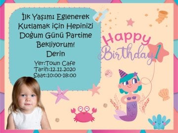 1 Yaş Kız Temalı Kişiye Özel Davetiye 6 Adet