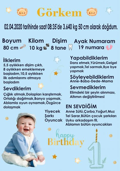 1 Yaş Erkek Temalı Kişiye Özel Anı Magneti 1 Adet