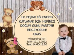 Ayıcık 2 Temalı Kişiye Özel Davetiye 6 Adet