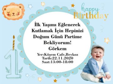 1 Yaş Erkek Temalı Kişiye Özel Davetiye 6 Adet