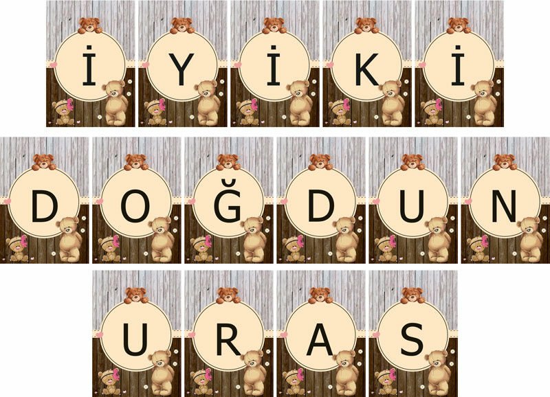 Ayıcık 2 Temalı Kişiye Özel İyiki Doğdun Asma Bayrak Afiş 4 Metre