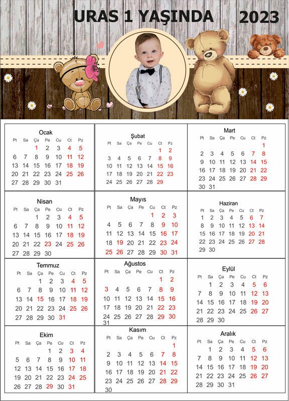Ayıcık 2 Temalı Kişiye Özel Takvim Magnet 4 Adet