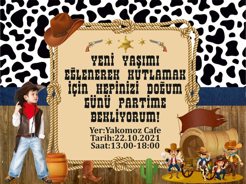 Kovboy Temalı Kişiye Özel Davetiye 6 Adet