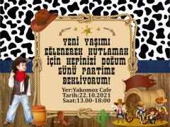 Kovboy Temalı Kişiye Özel Davetiye 6 Adet